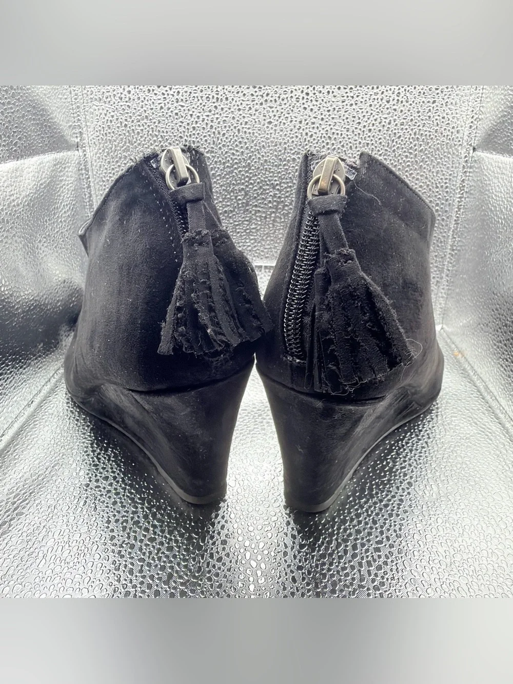 CL by Laundry Black Suede Wedge Ankle Booties with Tassel Zip